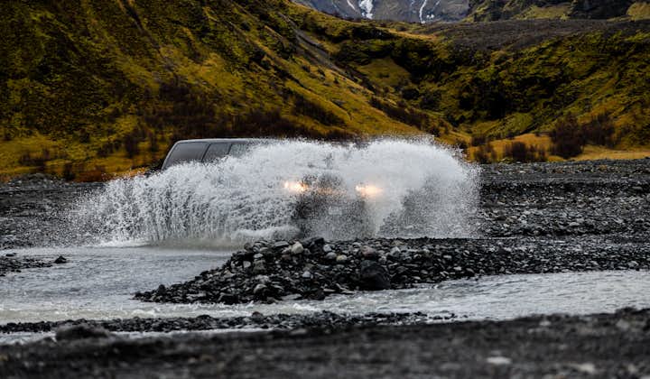 Embark on a super jeep tour in Iceland and cross diverse terrain with rivers.