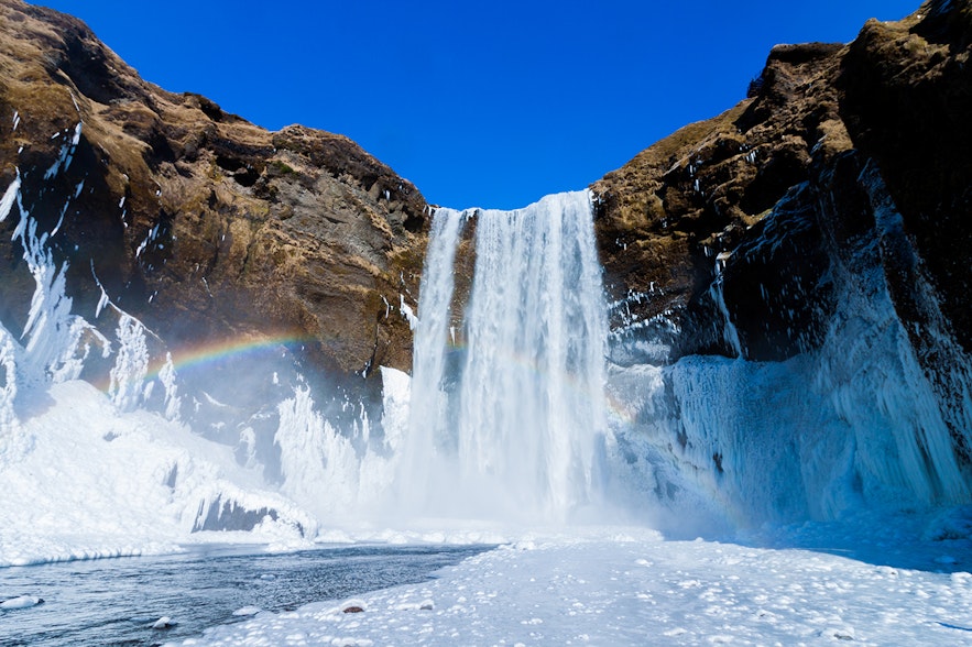 Skogafoss Waterfall in Iceland, covered in ice and snow during winter with a rainbow above it