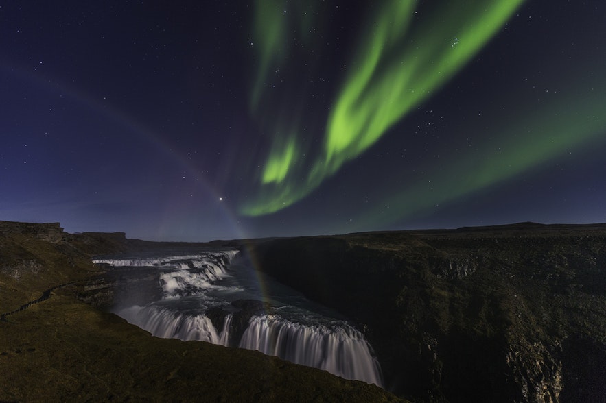 Gullfoss waterfall on the Golden Circle of Iceland, under the northern lights
