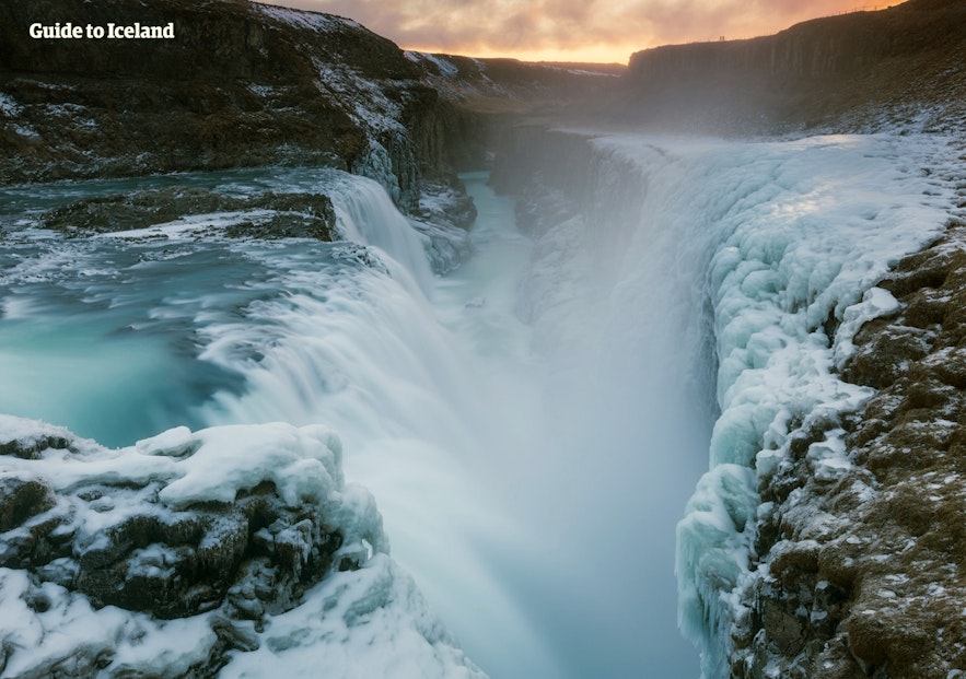 Frozen waterfall Gullfoss in Iceland during winter