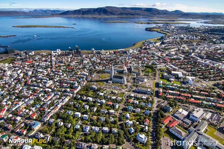 The city of Reykjavik as seen from above in a helicopter.