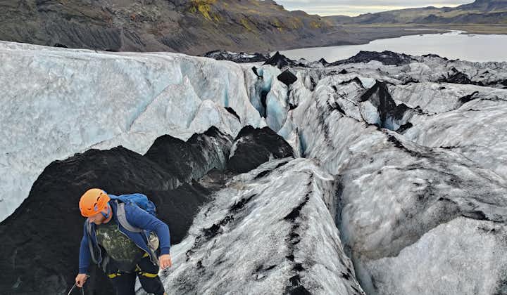 The terrain at the Solheimajokull glacier is rugged and breathtaking with its jagged black and white ice and glacier lagoon.