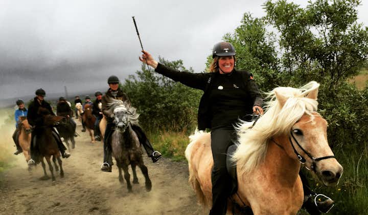 A rider with her arm in the air as she leads a tour group riding on Icelandic horses.