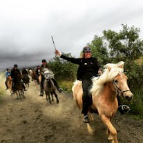 A rider with her arm in the air as she leads a tour group riding on Icelandic horses.
