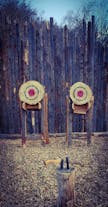 Two wooden targets for axe throwing in Iceland.