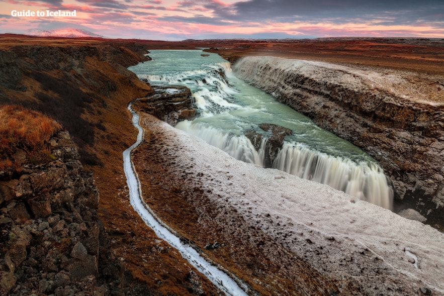 The Gullfoss waterfall, a two-tiered waterfall on the Golden Circle tourist route in Iceland.