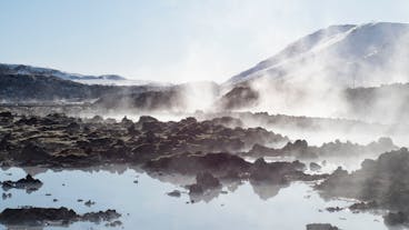Steam rises from naturally hot water in a geothermal area in Southwest Iceland.