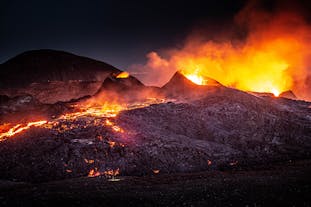 Lava flows from the craters of Fagradalsfjall during its active eruption in Iceland.