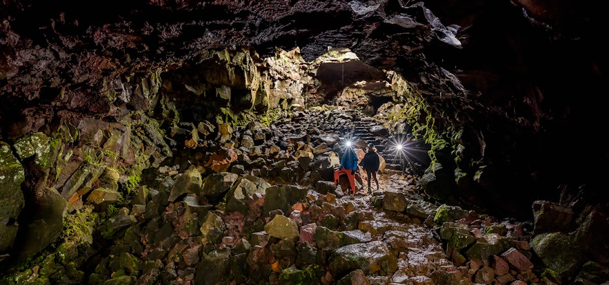 Lava caving in the Raufarholshellir cave near Reykjavik in Iceland