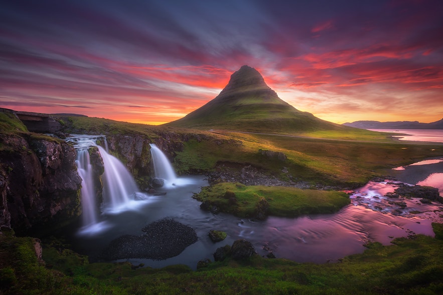Kirkjufell mountain during sunset on the Snaefellsnes peninsula in Iceland