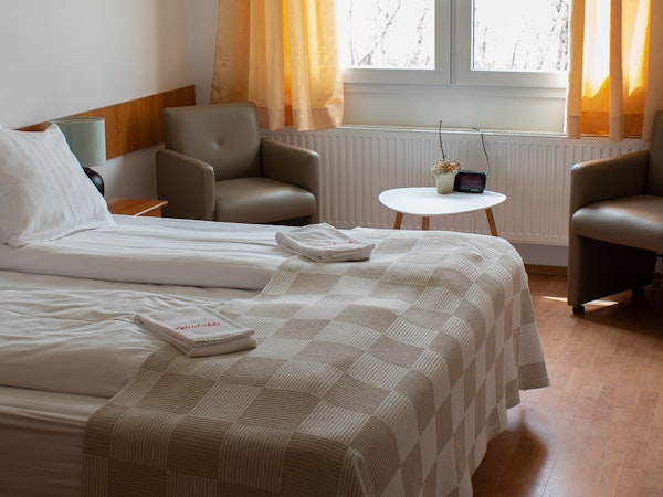 A double room in Hotel Leirubakki accommodates up to two guests.