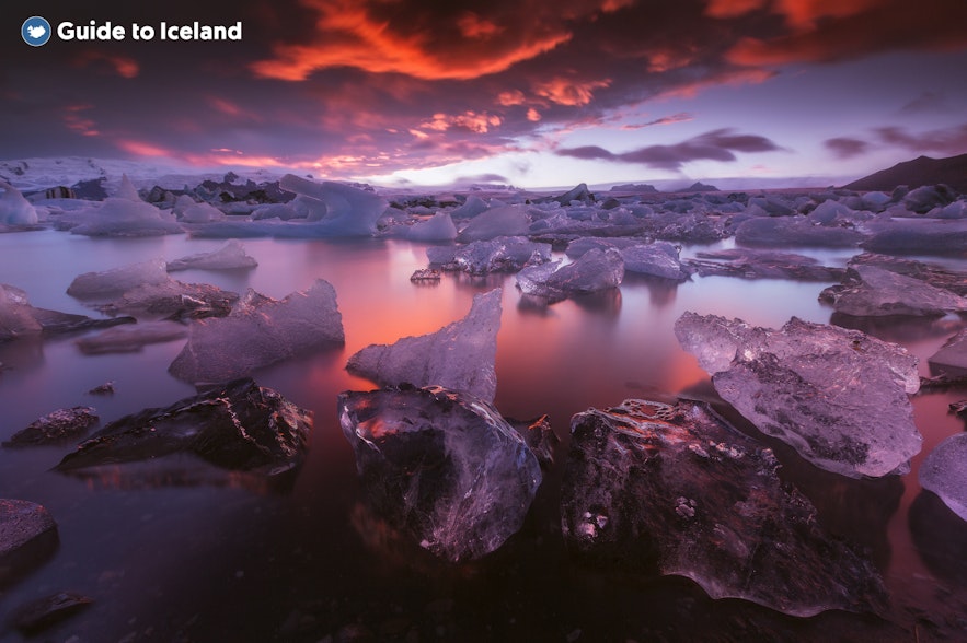 Jokulsarlon glacier lagoon at dusk in Iceland