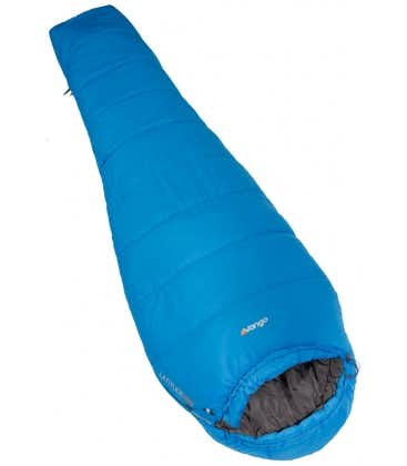 A synthetic-filled mummy-shaped sleeping bag with hood.