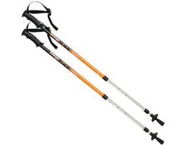 A pair of telescopic hiking poles with a rubber handle and wrist strap.