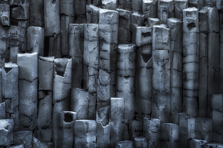 Hexagonal basalt columns found at Reynisfjara beach in south Iceland