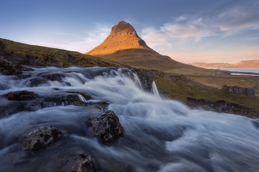Kirkjufell mountain during the summer, located on Snaefellsnes peninsula in Iceland
