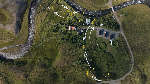 A birdseye view showing the disc golf (frisbee golf) course at Dalasetur on the Trollaskagi Peninsula.