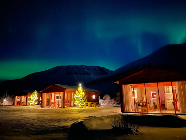 Dalasetur looks incredible when lit up at night with Christmas trees outside the cabins and the aurora borealis dancing overhead