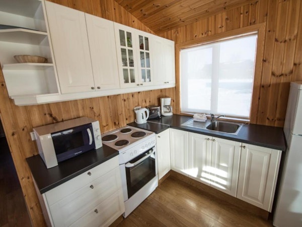 The self-catering kitchen at one of the Gladheimar cottages.