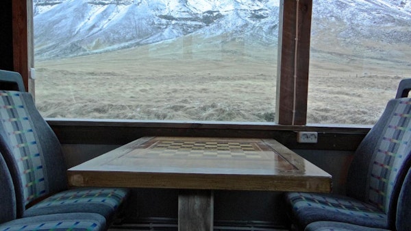 Sit and enjoy your meals from the comfort of your converted bus at Esjan while enjoying stunning natural views out the window.