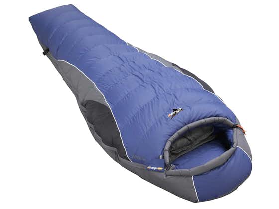 A mummy-style sleeping bag with duck down and feather lining.