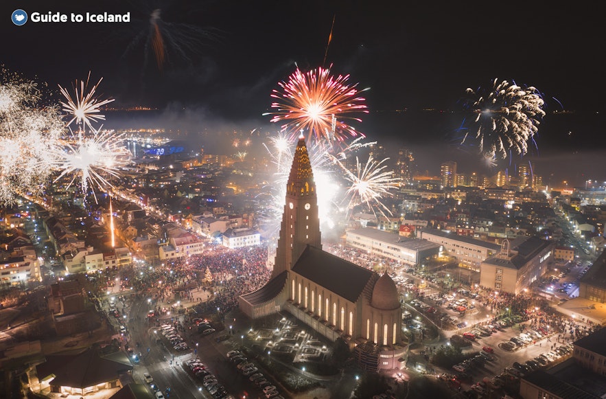 Reykjavik becomes festive during the New Year countdown.