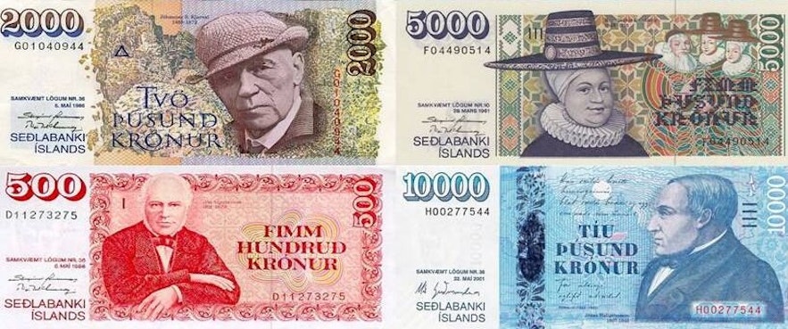 There are 4 different cash bills in Iceland, the 500 króna bill, the 2,000 króna bill, the 5,000 króna bill and the 10,000 króna bill.