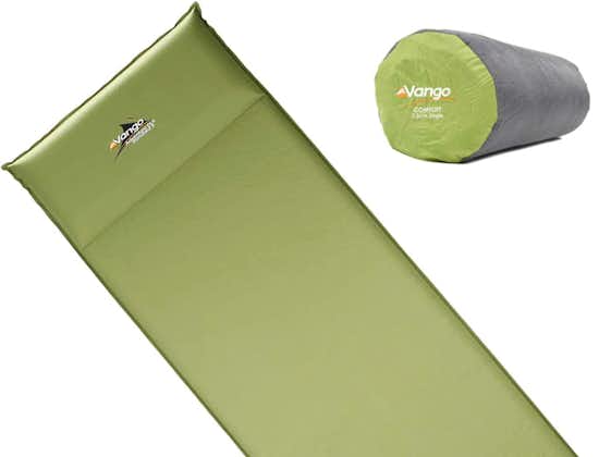 A green self-inflating sleeping pad for camping, including a shot of the stuff-sack for packing the mattress away.