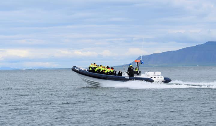A RIB speed boat powers through the sea off the shore of Reykjavik.