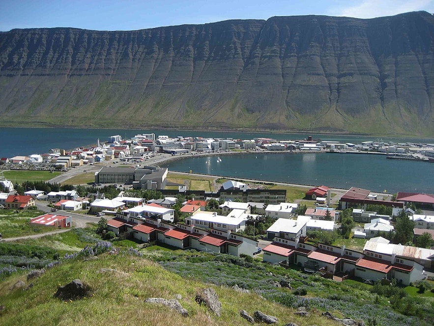 A panoramic view of Isafjordur and the surrounding waters.