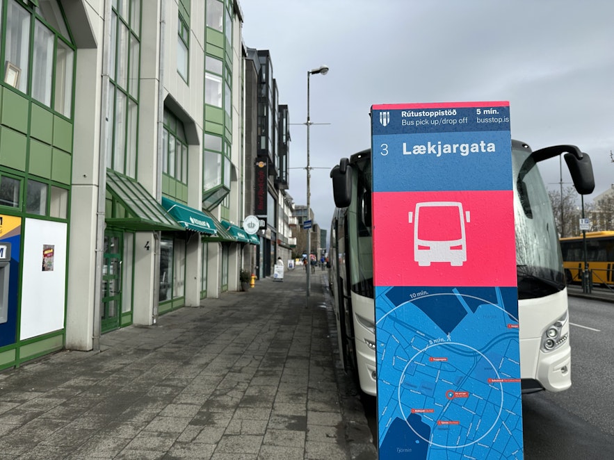 A tour bus waiting at Bus Stop 3 in Reykjavik.
