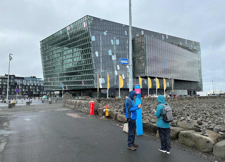 Bus Stop 5 for tour pick-ups in Reykjavik is beside the beautiful Harpa concert hall.
