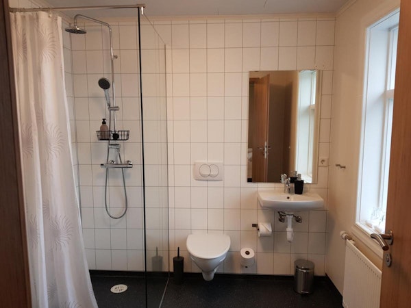 A bathroom with a toilet, shower, basin, and mirror at Guesthouse Mikael.