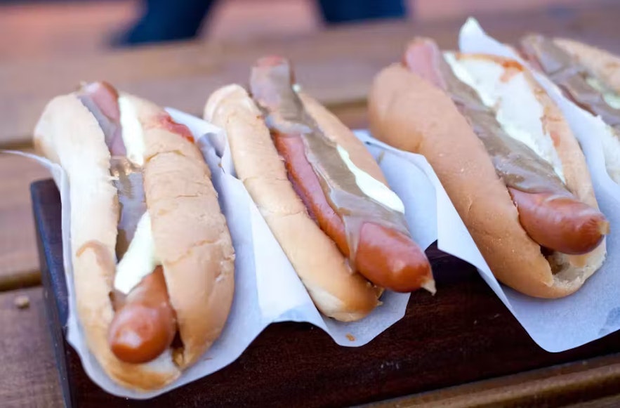 Ketchup and sweet brown mustard are top condiments of hot dogs in Iceland.