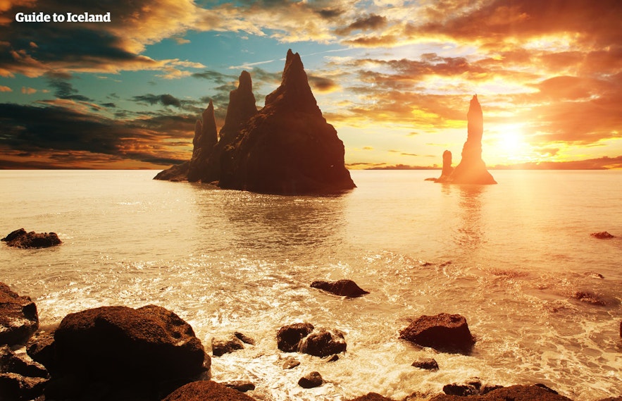 The Reynisdrangar sea stacks off the South Coast of Iceland, seen at sunset.