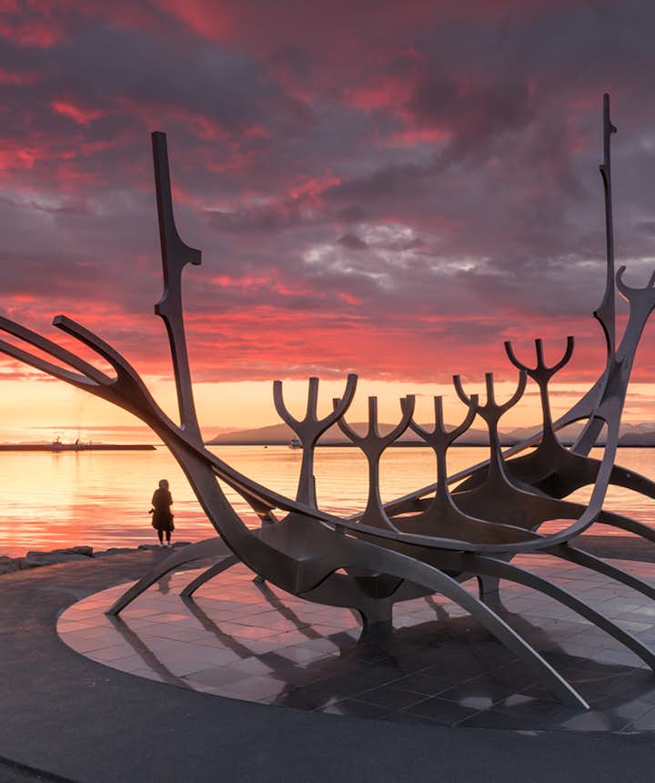 The Sun Voyager sculpture in Reykjavik as seen at sunset.