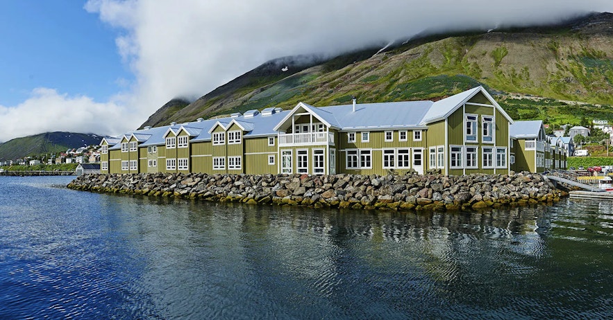 The exterior of the Siglo Hotel, on the coast in North Iceland.
