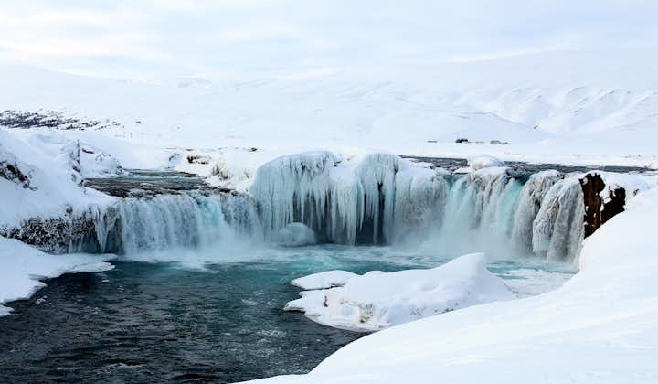 Water freezing around Godafoss during winter is a sight to behold.