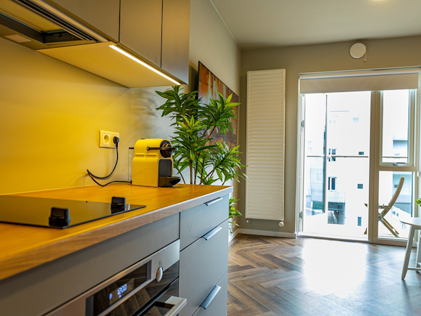 A close-up shot of the high-end kitchen cupboards at SJF Apartments.