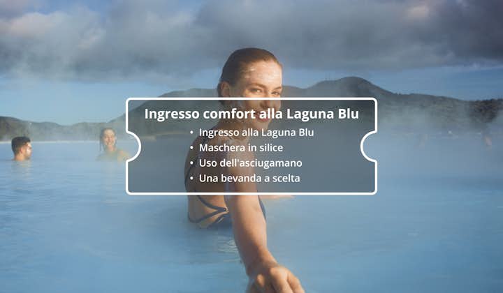 Il biglietto comfort è il pacchetto di ingresso standard alla Laguna Blu islandese, con il quale riceverai una maschera in silice e una bevanda a tua scelta.