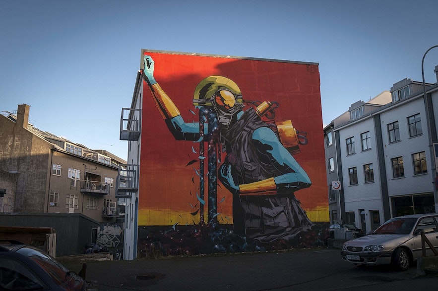 Artwork on side of building on the streets of Reykjavik