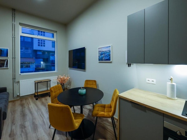 The kitchen, dining, and living area in one of the studios at Center Apartments in Reykjavik.