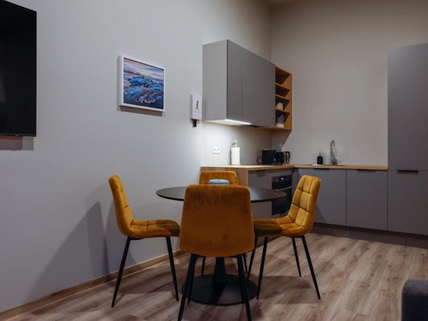 A kitchen and dining area at Center Apartments in Reykjavik.