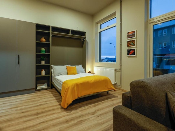 A studio at Center Apartments with a bed, sofa, and shelving.