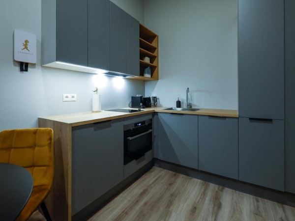 A kitchen area with an oven and stove at Center Apartments in Reykjavik.