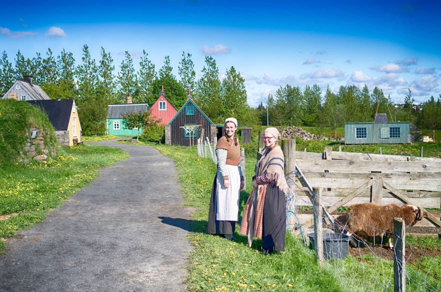 Houses at the Arbaer Open Air Museum, staff dressed in traditional Icelandic clothes while taking care of farm animals