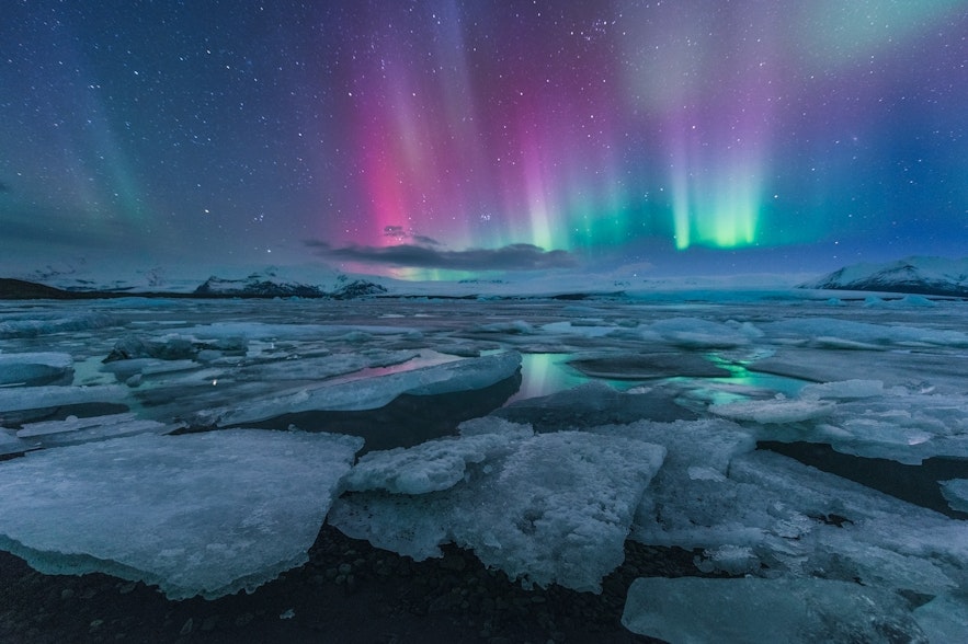 Zielona i fioletowa zorza polarna, czyli Aurora Borealis, tańcząca na niebie nad lodowcem Vatnajokull i laguną lodowcową Jokulsarlon podczas gwiaździstej nocy.